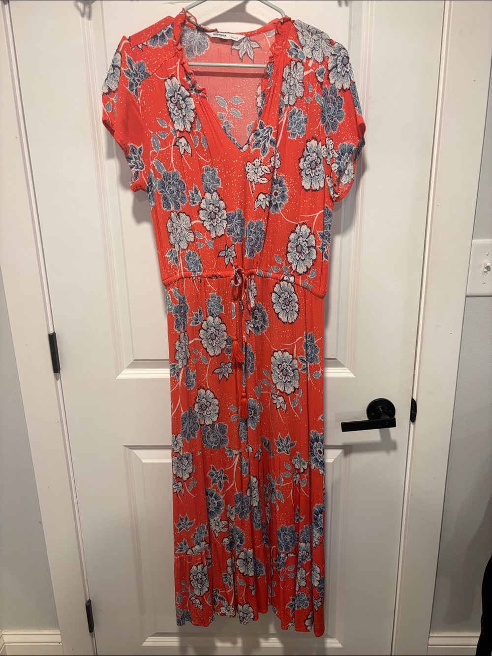 Sonoma Coral Orange Floral Maxi Dress with V-Neck and Drawstring